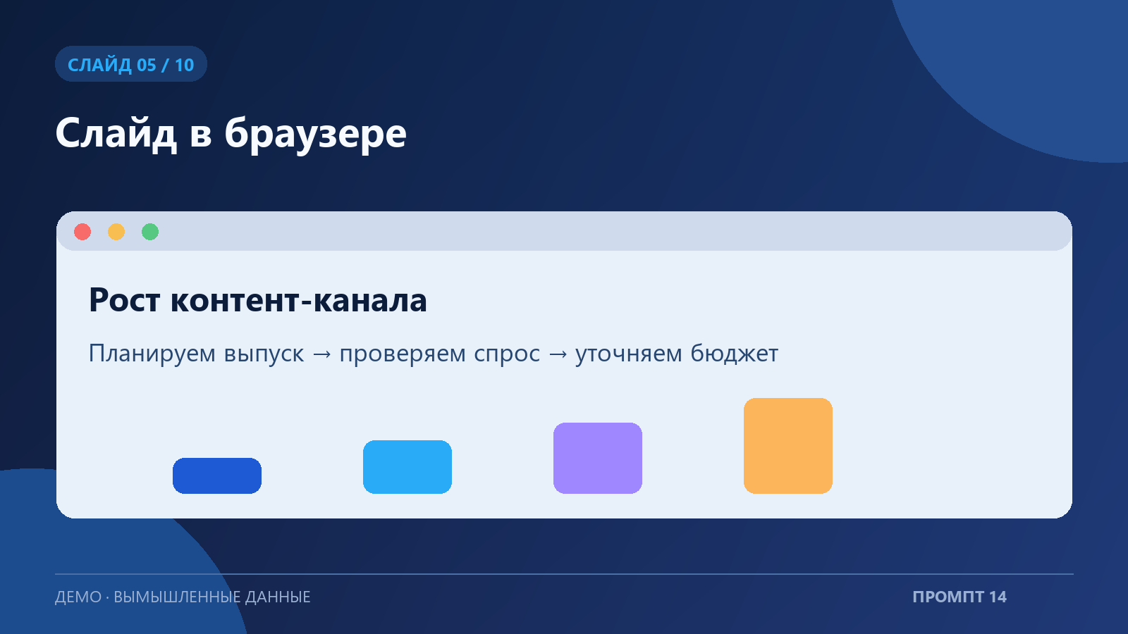 Пример пятого слайда презентации по промпту «Сборка презентации в HTML»; вымышленные данные