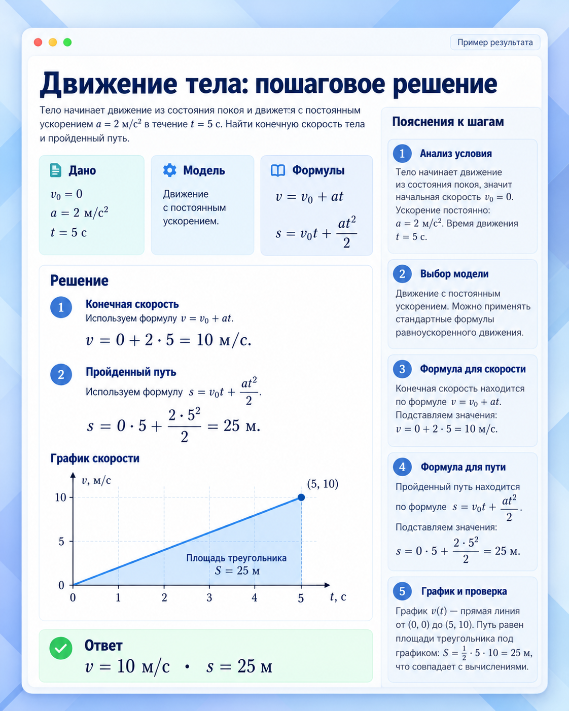 Инфографика с пошаговым решением задачи по физике: движение тела с постоянным ускорением, включая формулы и график скорости.