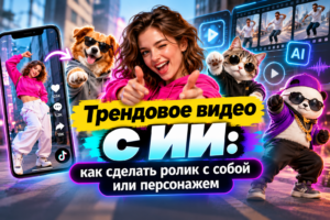 Яркое изображение девушки в розовом худи, улыбающейся и указывающей пальцами, рядом с ней собака, кот и панда в солнечных очках и одежде, на фоне элементы интерфейса видеоредактора и смартфон с приложением TikTok.