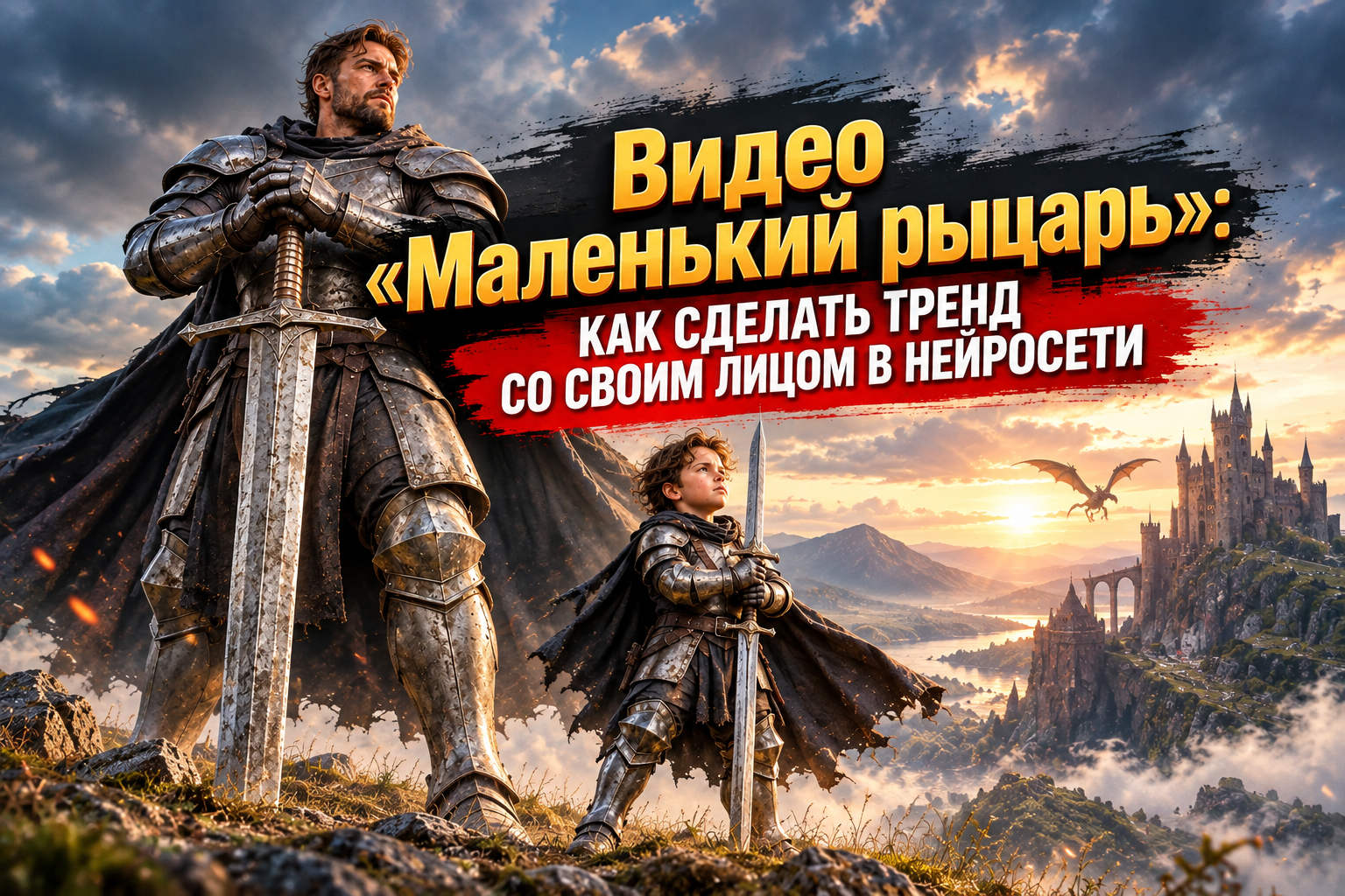 Рыцарь и маленький рыцарь в доспехах с мечами на фоне замка и дракона при закате.