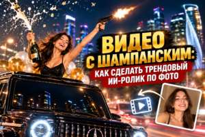 Женщина в вечернем платье с шампанским и пистолетом, стоящая в люке черного автомобиля на фоне ночного города и праздничных шаров.