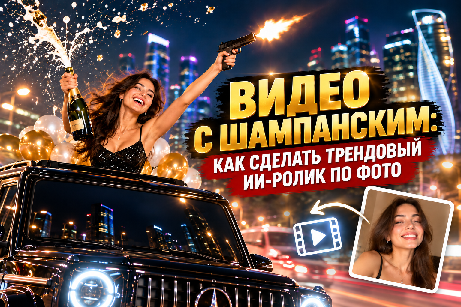 Женщина в вечернем платье с шампанским и пистолетом, стоящая в люке черного автомобиля на фоне ночного города и праздничных шаров.